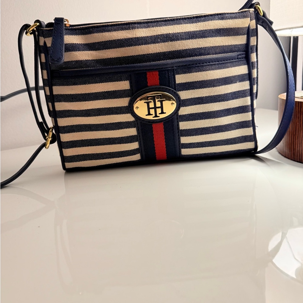 Tommy Hilfiger Navy and Cream Striped Crossbody Bag